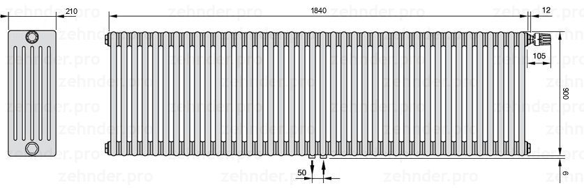 Схема (чертеж) Радиатор Zehnder Charleston 6090/40 №V008 Белый глянцевый RAL 9016